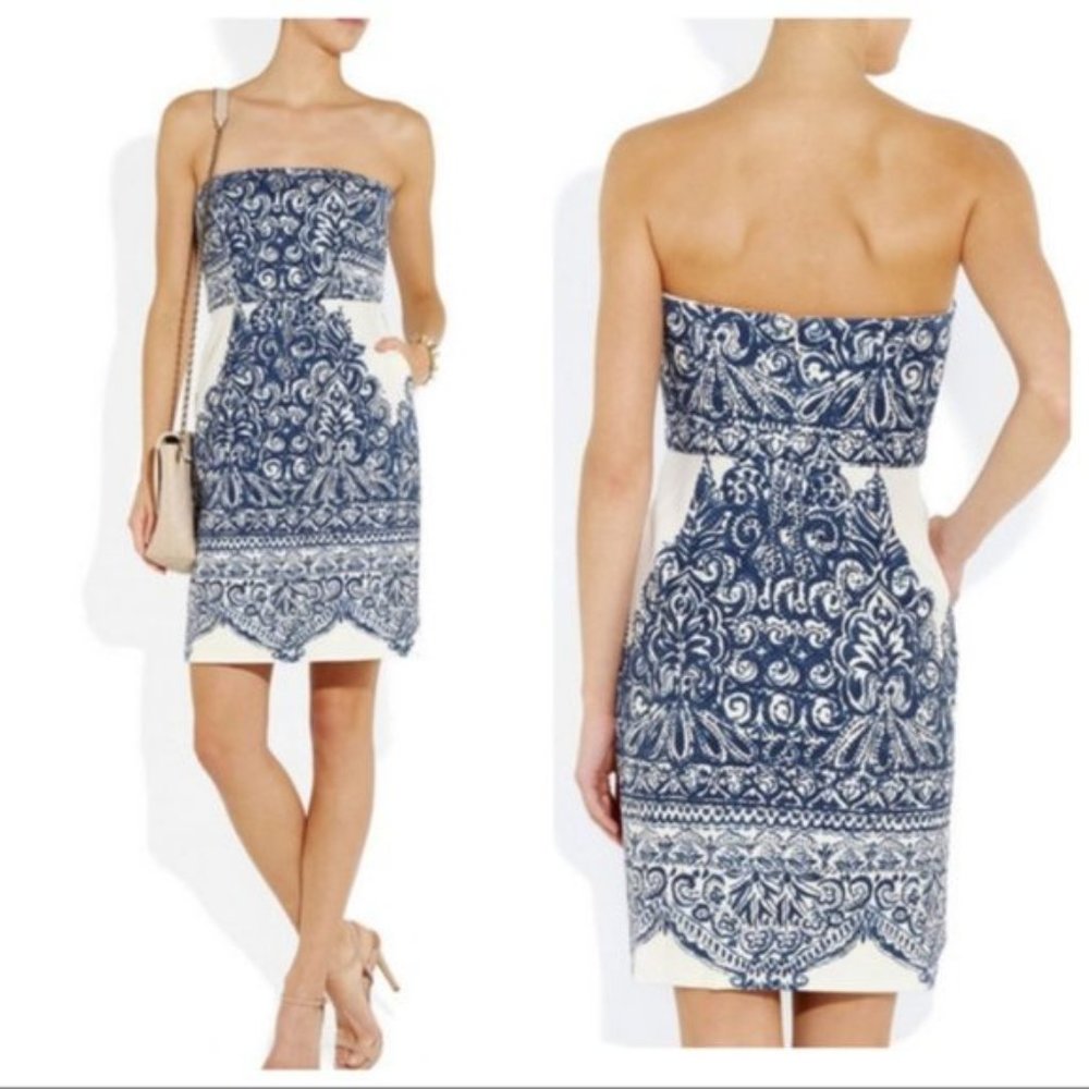 J. CREW ELLA WHITE BLUE PAISLEY STRAPLESS DRESS size 4